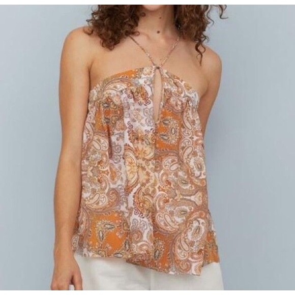 H&M Womens Orange Sleeveless Tank Top Cami Flowy Paisley Top Shirt‎ Sz 8 MED - Picture 1 of 12